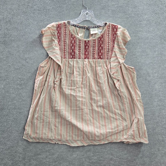 Knox Rose Women Top Large Beige Boho Blouse Embroidered Short Sleeve - Picture 1 of 10